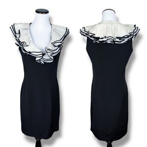 Escada Vintage Black Cocktail Dress w/ White Ruffle Collar 40 - Designer, V-Neck